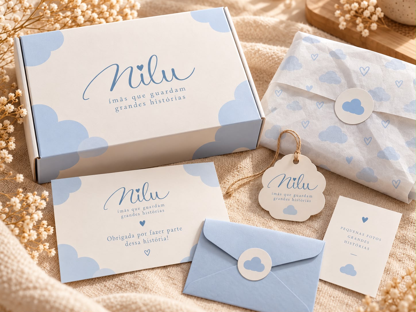 Caixa Milu com nuvens azuis, cartão de agradecimento, envelope azul, tag e papel de seda com nuvens e corações